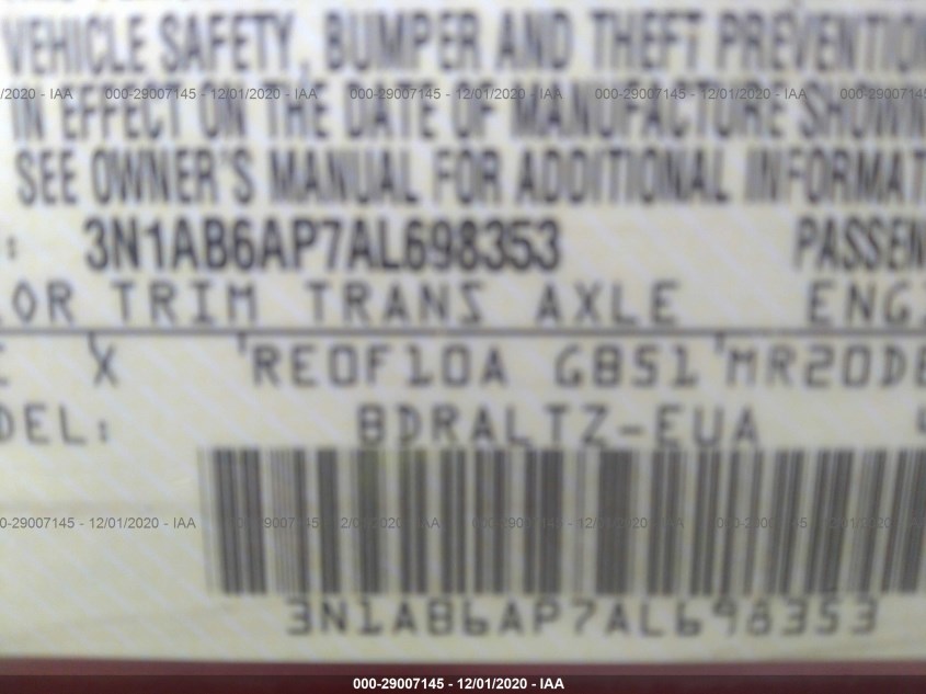 NISSAN SENTRA 3N1AB6AP7AL698353