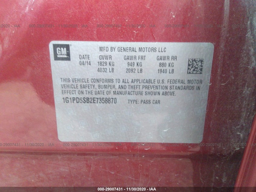 CHEVROLET CRUZE 1G1PD5SB2E7358870