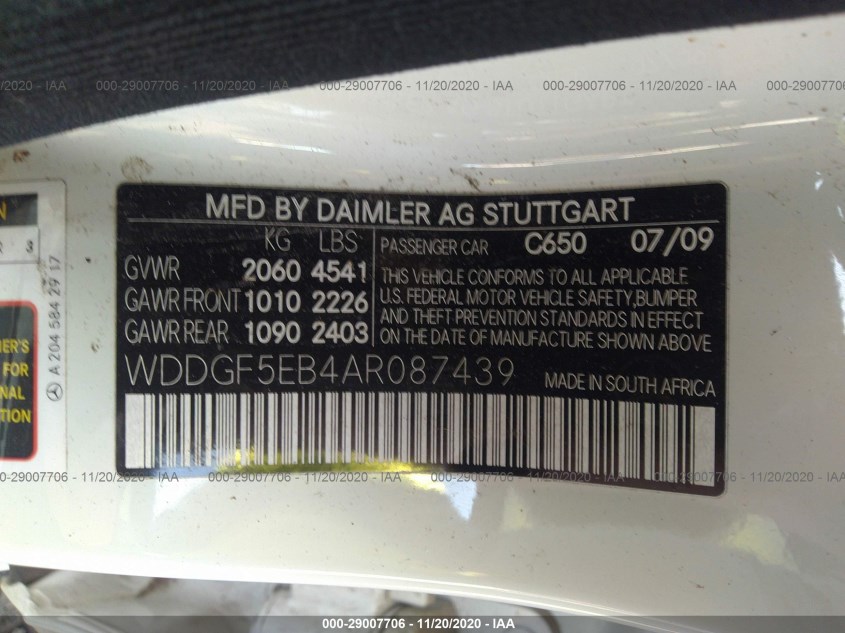 MERCEDES-BENZ C-CLASS WDDGF5EB4AR087439