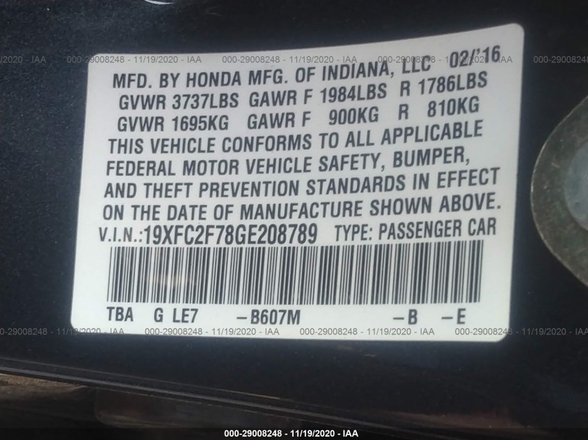 HONDA CIVIC SEDAN 19XFC2F78GE208789