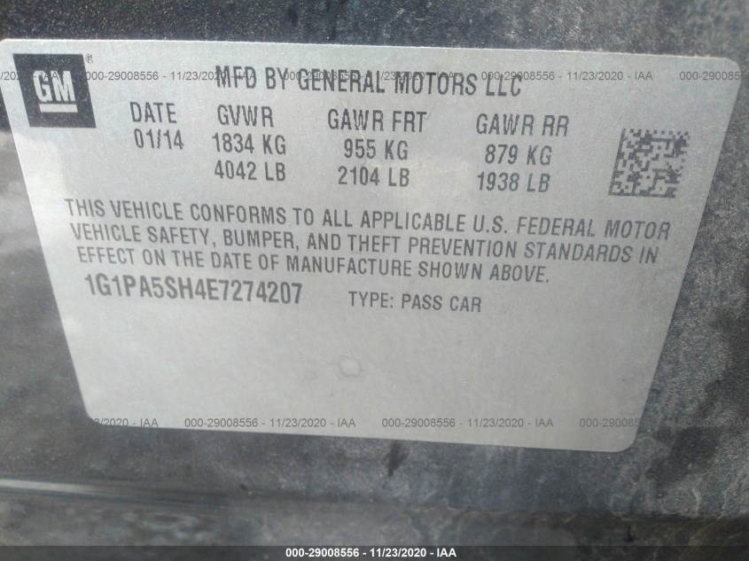 CHEVROLET CRUZE 1G1PA5SH4E7274207