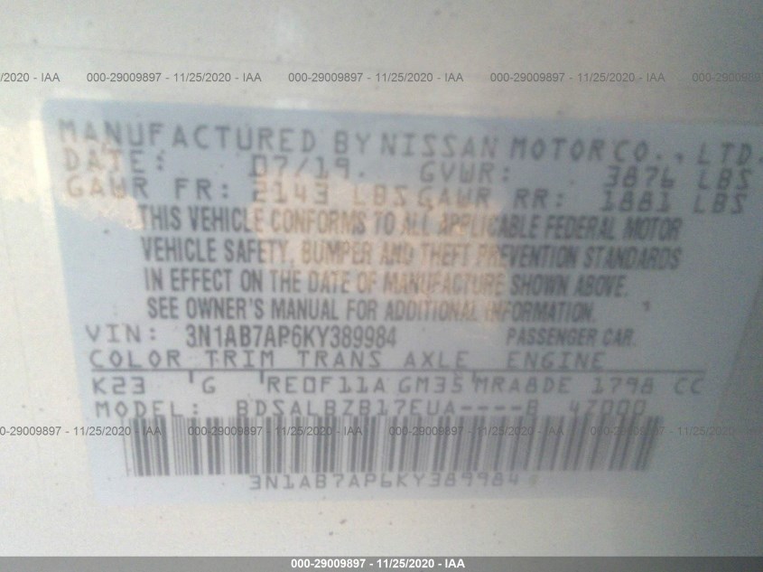 NISSAN SENTRA 3N1AB7AP6KY389984