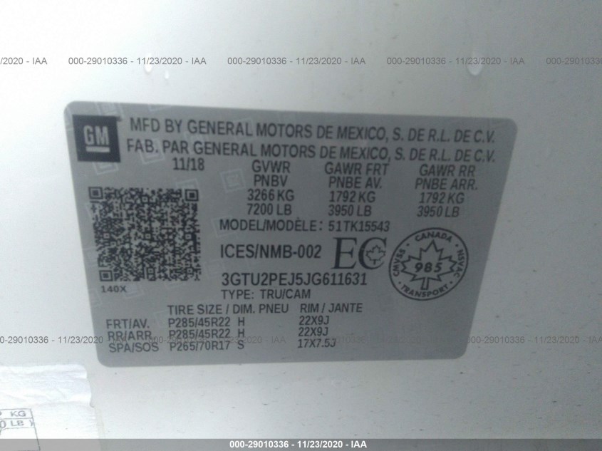 GMC SIERRA 1500 3GTU2PEJ5JG611631