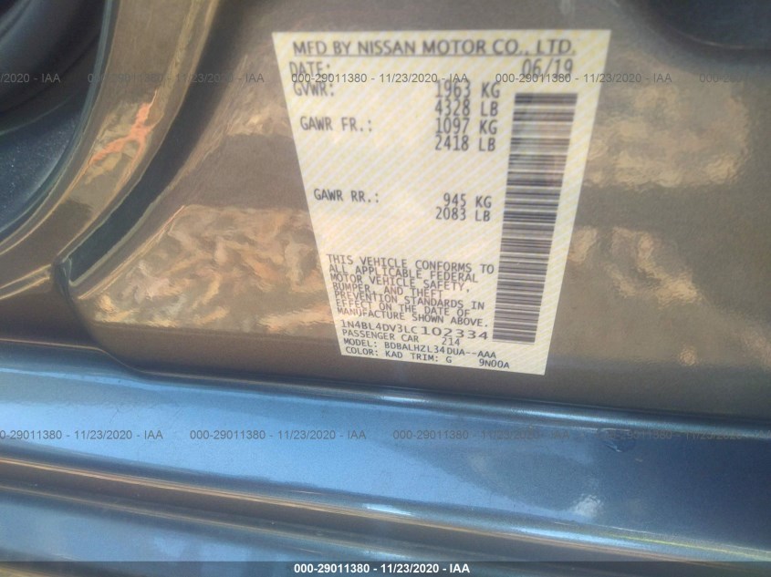 NISSAN ALTIMA 1N4BL4DV3LC102334