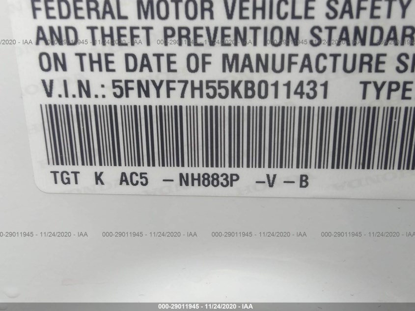 HONDA PASSPORT 5FNYF7H55KB011431