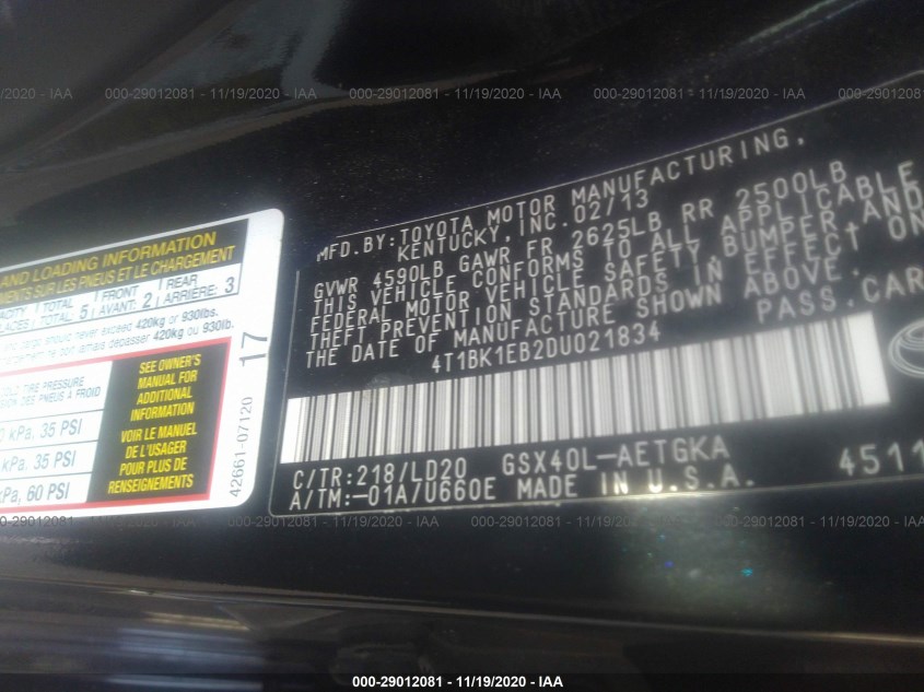 TOYOTA AVALON 4T1BK1EB2DU021834