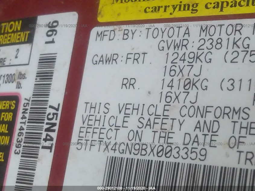 TOYOTA TACOMA 5TFTX4GN9BX003359