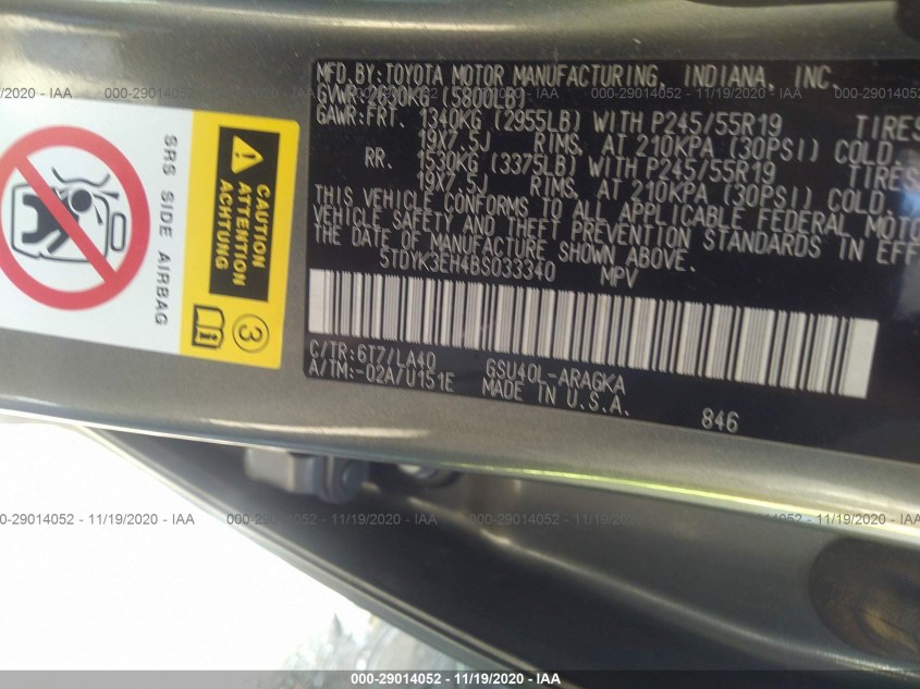 TOYOTA HIGHLANDER 5TDYK3EH4BS033340