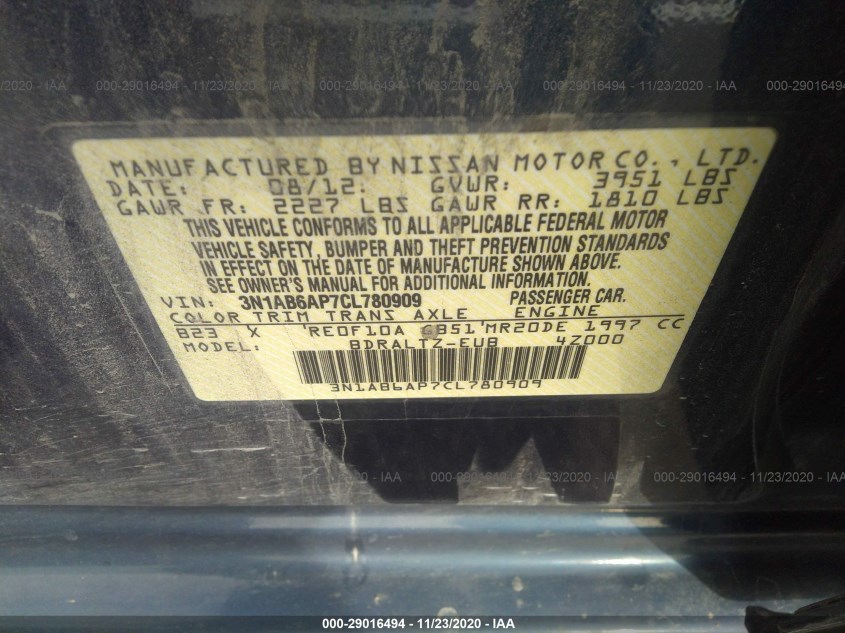 NISSAN SENTRA 3N1AB6AP7CL780909