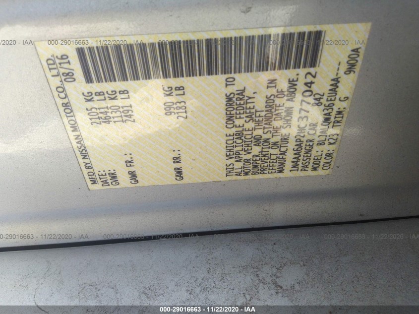 NISSAN MAXIMA 1N4AA6AP2HC377042