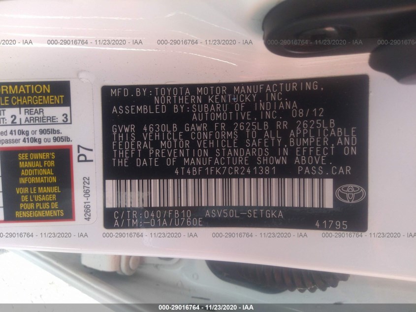 TOYOTA CAMRY 4T4BF1FK7CR241381
