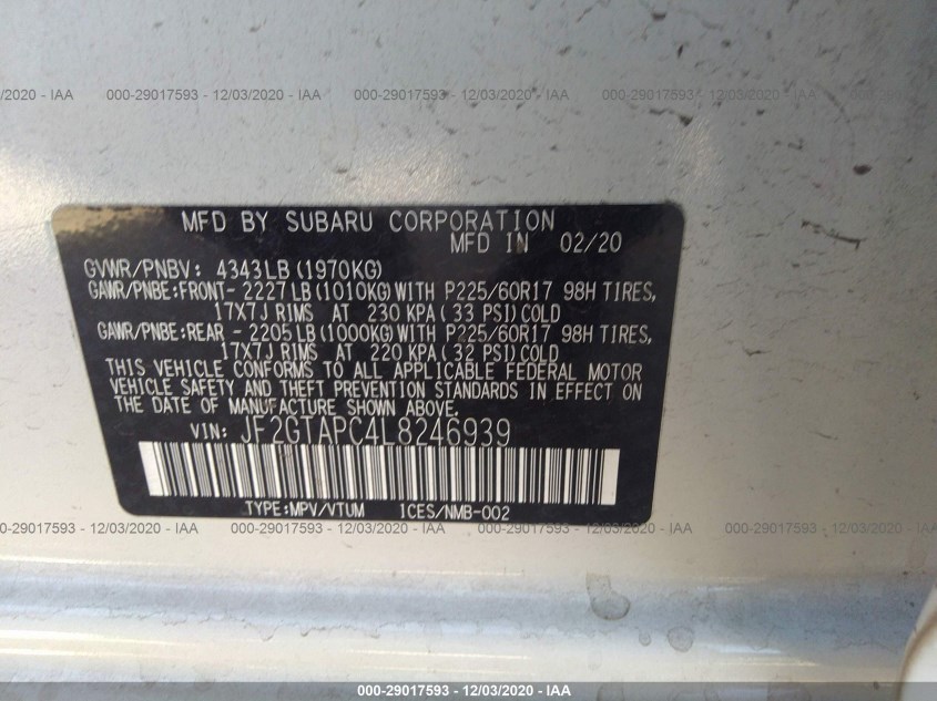 SUBARU CROSSTREK JF2GTAPC4L8246939