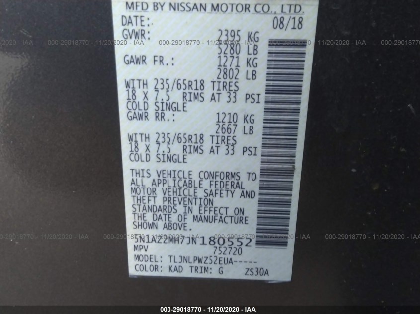 NISSAN MURANO 5N1AZ2MH7JN180552
