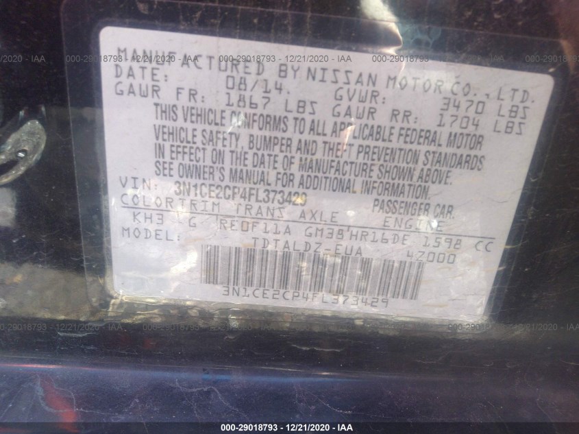 NISSAN VERSA NOTE 3N1CE2CP4FL373429