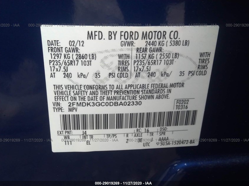 FORD EDGE 2FMDK3GC0DBA02330