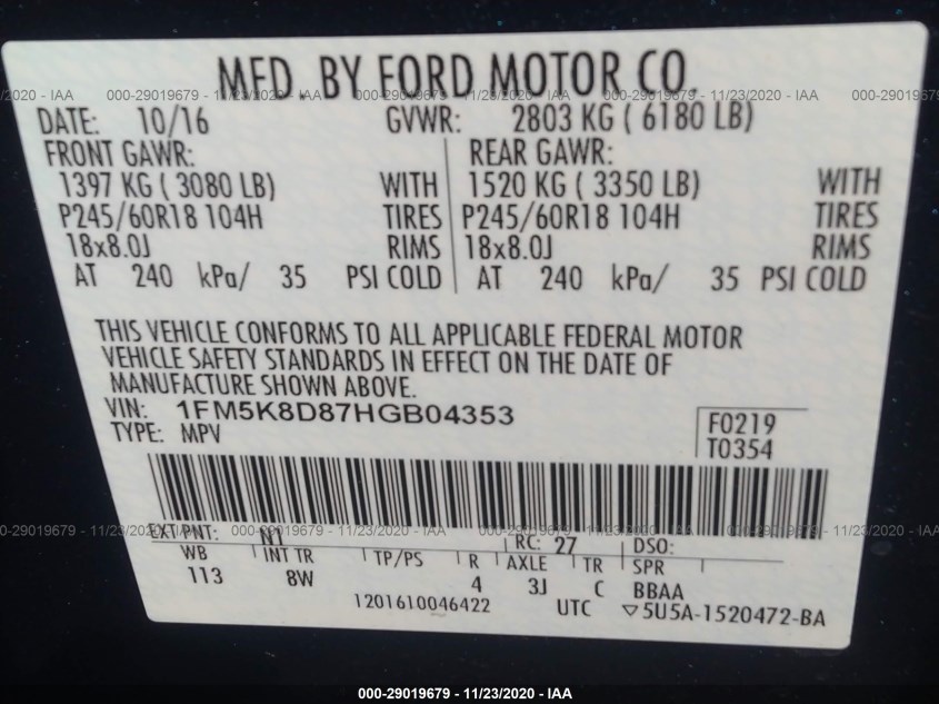 FORD EXPLORER 1FM5K8D87HGB04353