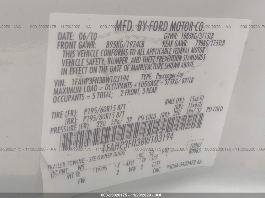 FORD FOCUS 1FAHP3FN3BW103194