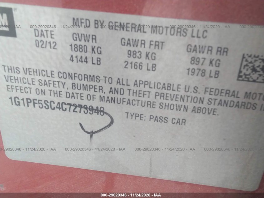 CHEVROLET CRUZE 1G1PF5SC4C7273948