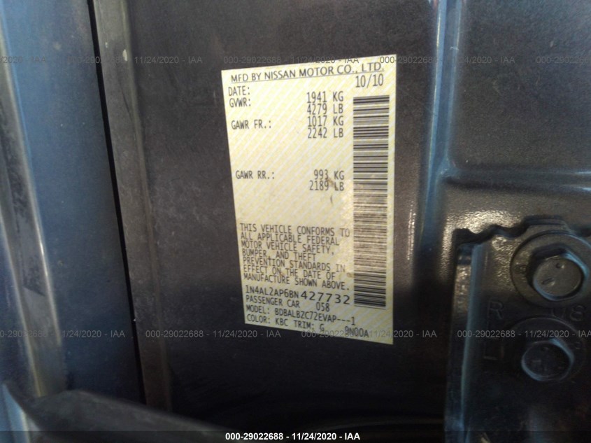 NISSAN ALTIMA 1N4AL2AP6BN427732