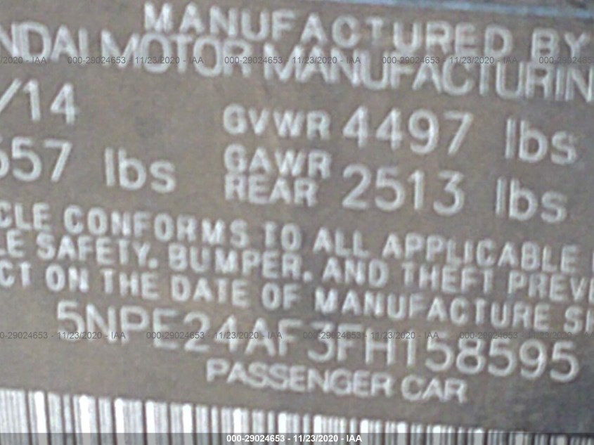 HYUNDAI SONATA 5NPE24AF3FH158595