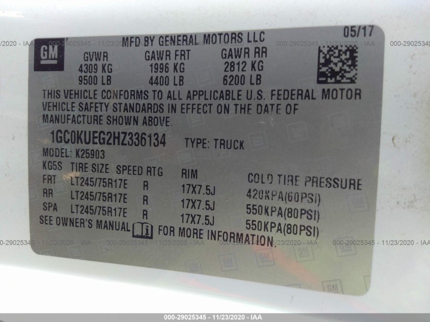 CHEVROLET SILVERADO 2500HD 1GC0KUEG2HZ336134