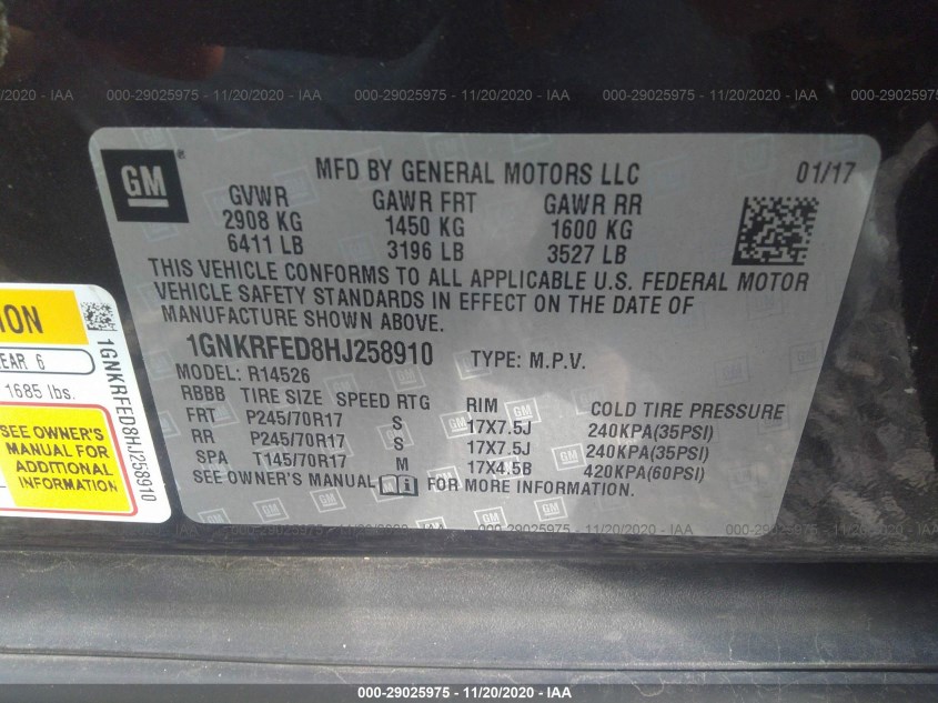 CHEVROLET TRAVERSE 1GNKRFED8HJ258910
