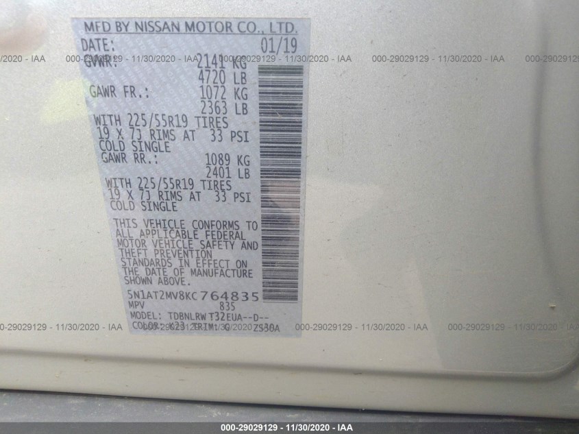 NISSAN ROGUE 5N1AT2MV8KC764835