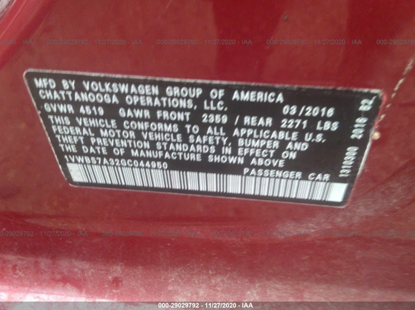 VOLKSWAGEN PASSAT 1VWBS7A32GC044950