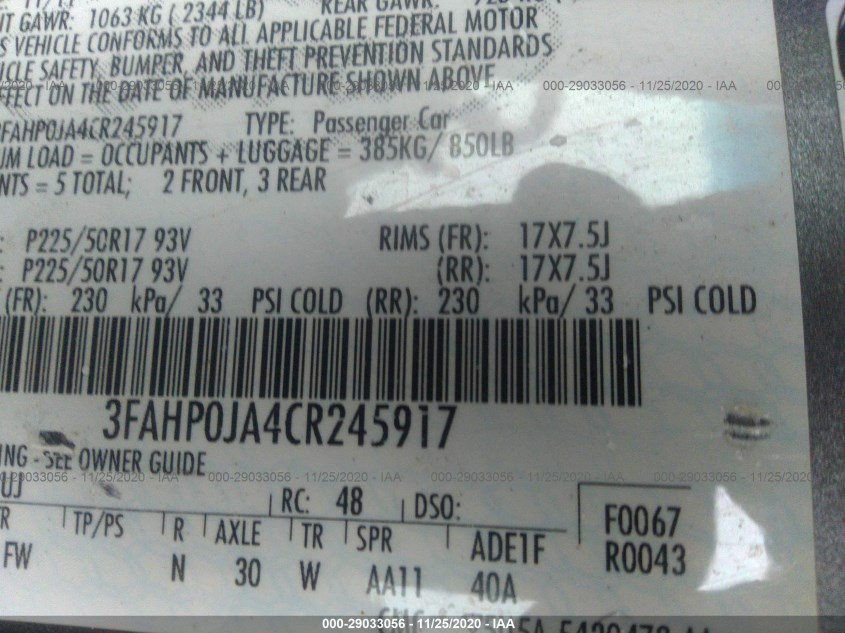 FORD FUSION 3FAHP0JA4CR245917
