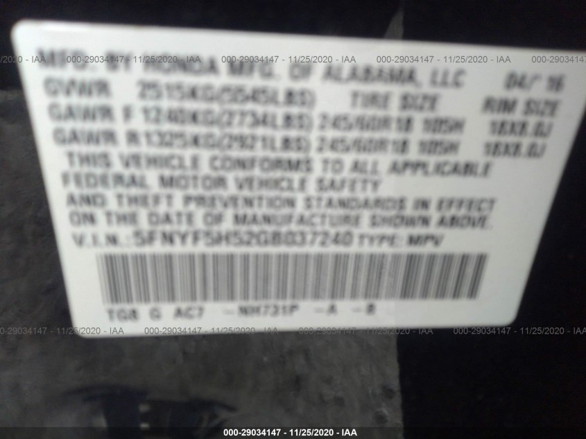 HONDA PILOT 5FNYF5H52GB037240