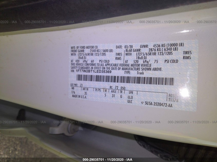 FORD SUPER DUTY F-250 SRW 1FT7W2BT1LED35369