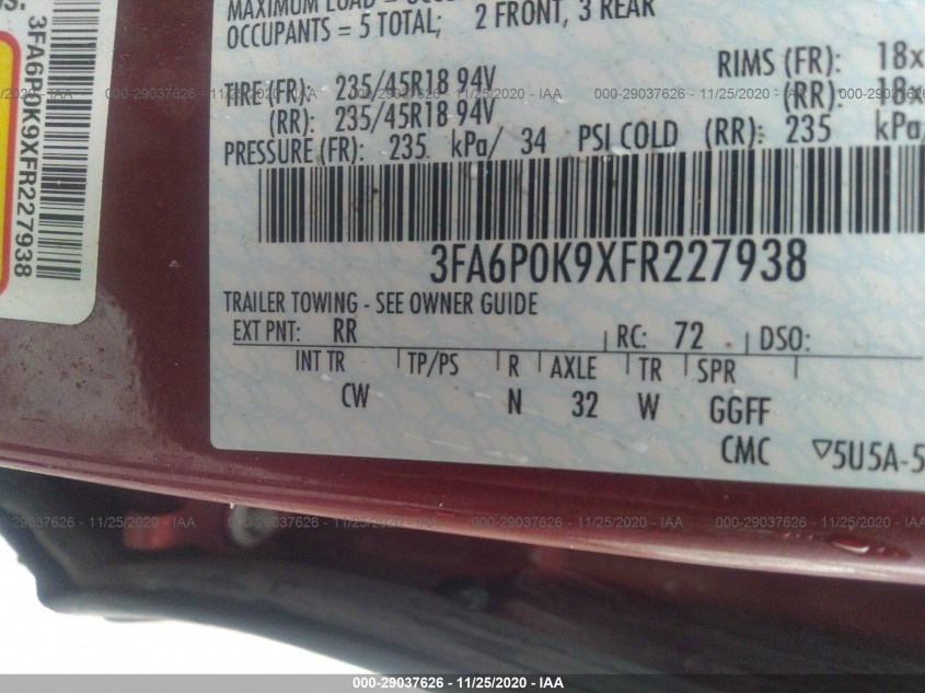 FORD FUSION 3FA6P0K9XFR227938