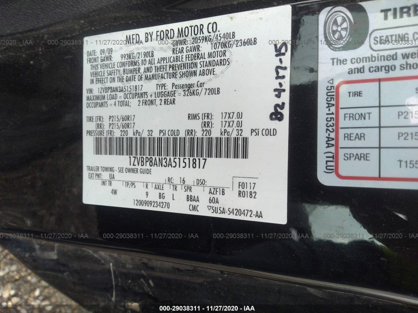 FORD MUSTANG 1ZVBP8AN3A5151817
