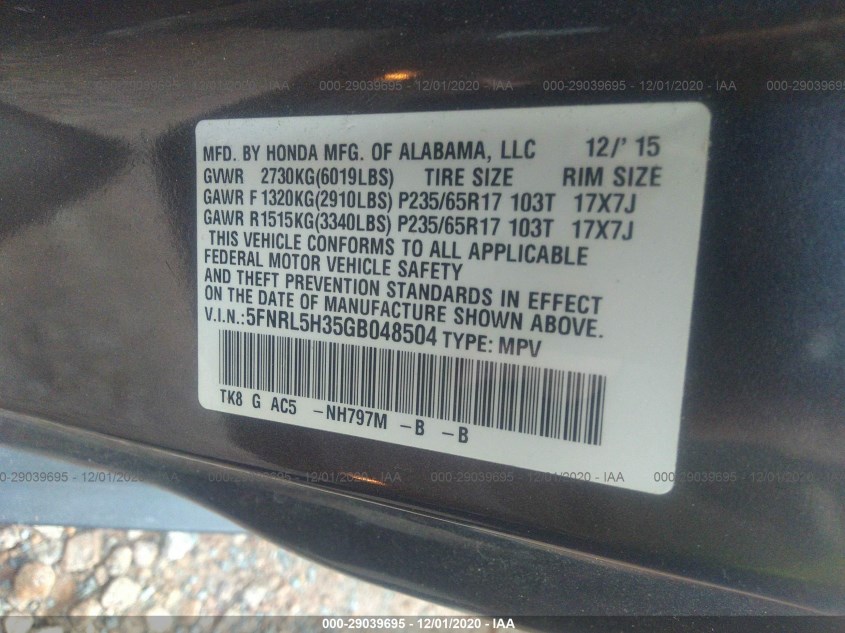 HONDA ODYSSEY 5FNRL5H35GB048504