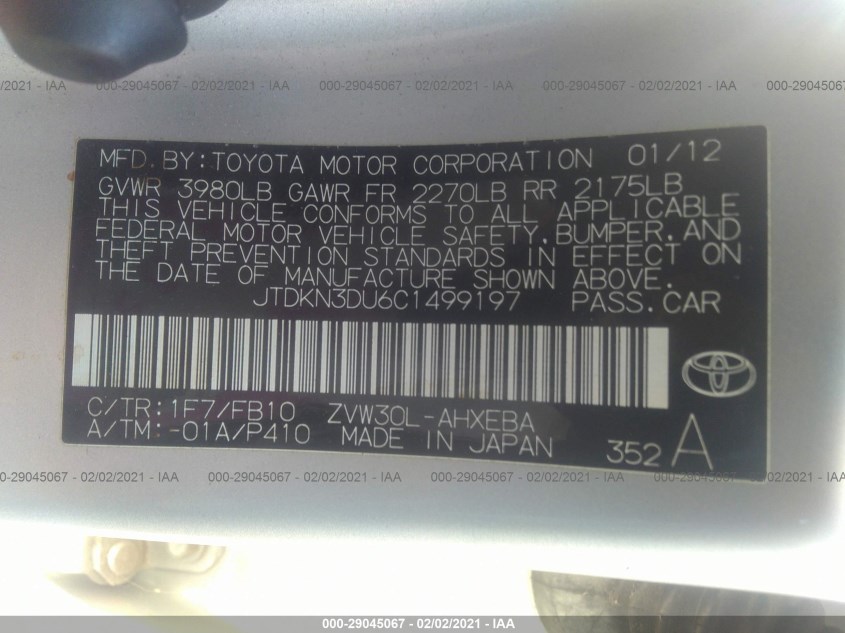 TOYOTA PRIUS JTDKN3DU6C1499197