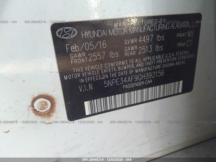 HYUNDAI SONATA 5NPE34AF9GH392156