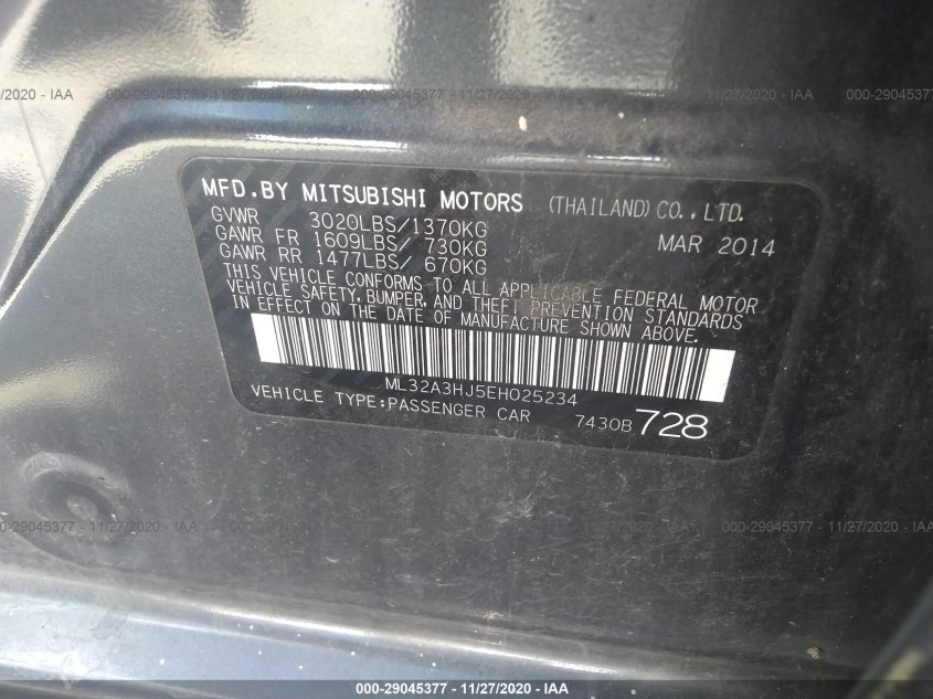 MITSUBISHI MIRAGE ML32A3HJ5EH025234