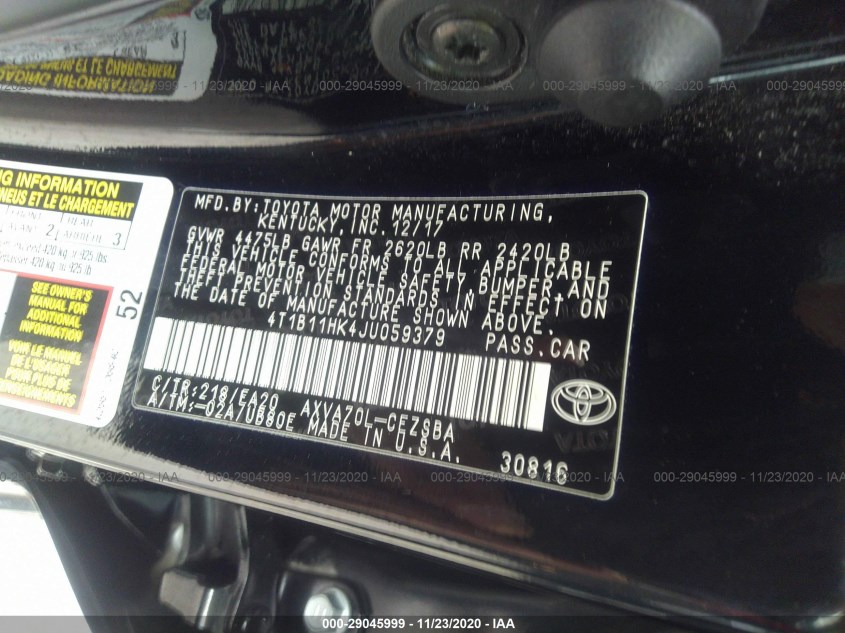 TOYOTA CAMRY 4T1B11HK4JU059379
