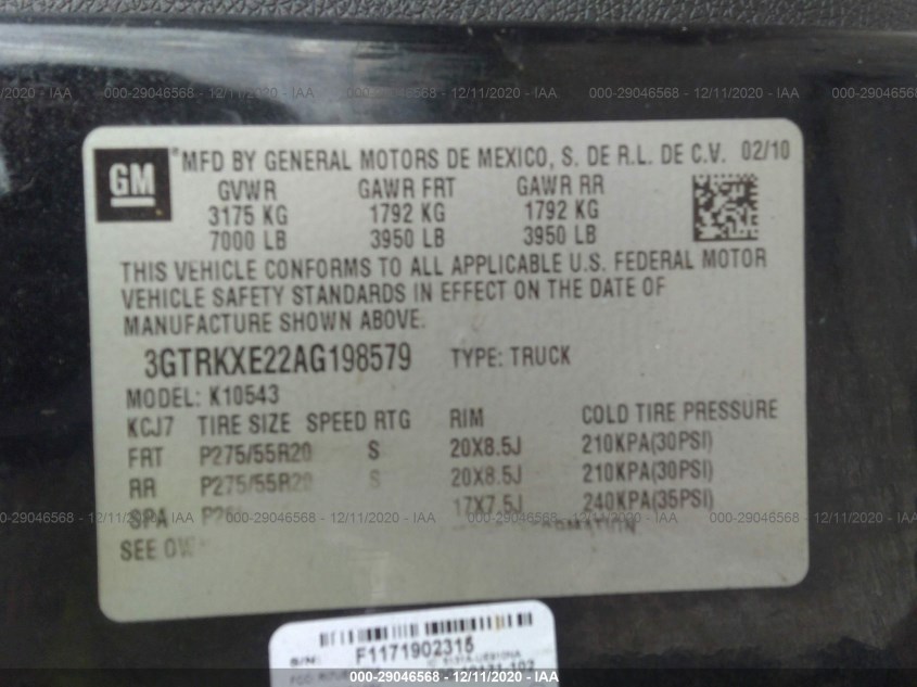 GMC SIERRA 1500 3GTRKXE22AG198579
