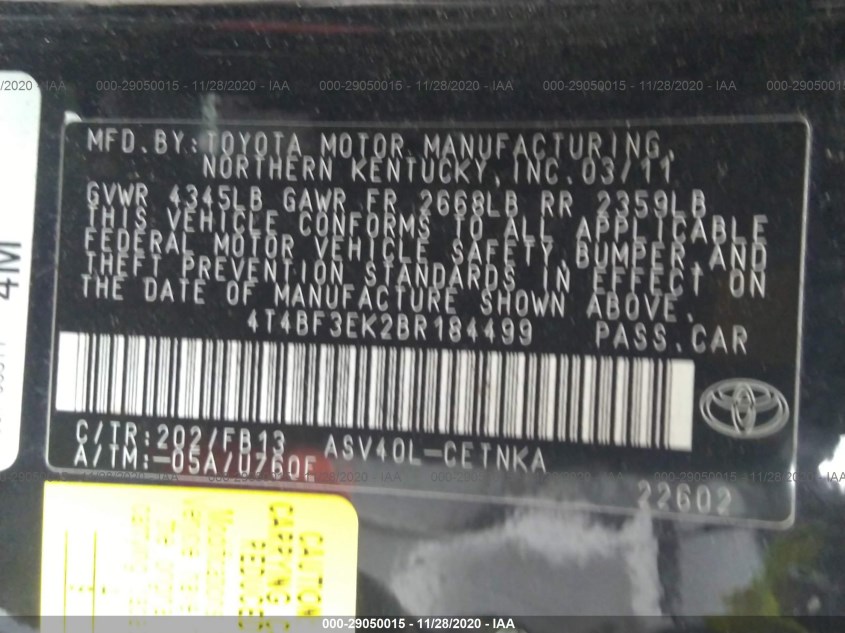 TOYOTA CAMRY 4T4BF3EK2BR184499