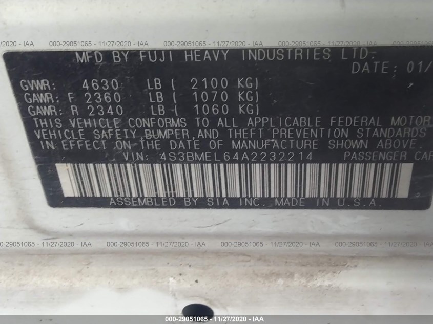 SUBARU LEGACY 4S3BMEL64A2232214