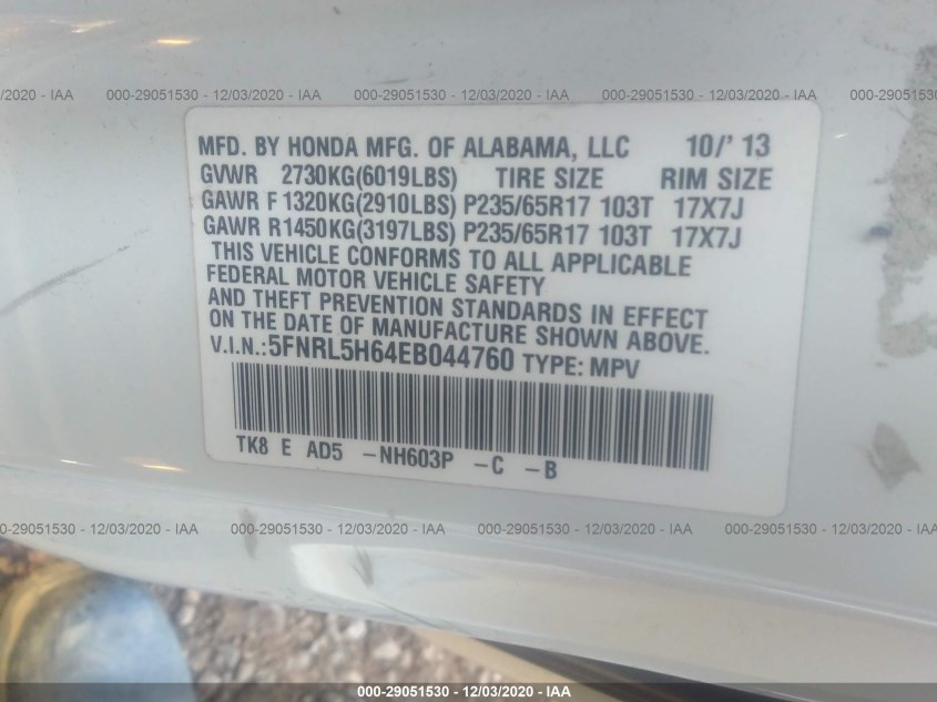 HONDA ODYSSEY 5FNRL5H64EB044760