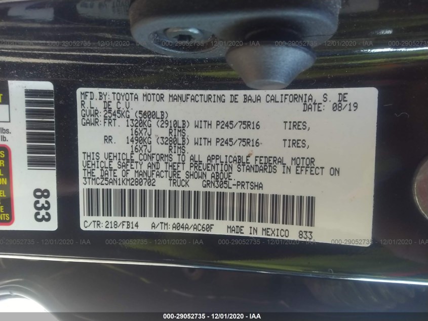 TOYOTA TACOMA 4WD 3TMCZ5AN1KM280702