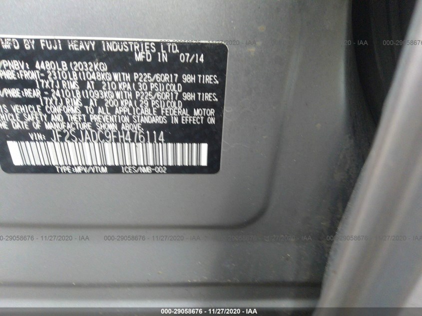 SUBARU FORESTER JF2SJADC9FH476114