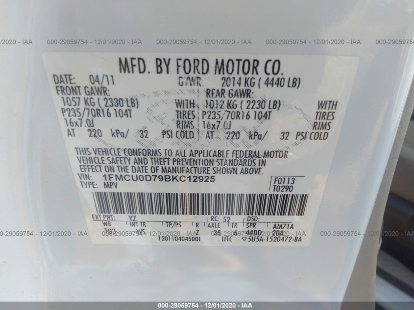 FORD ESCAPE 1FMCU0D79BKC12925