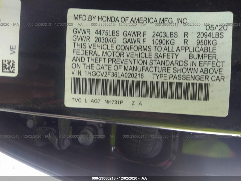 HONDA ACCORD SEDAN 1HGCV2F36LA020216