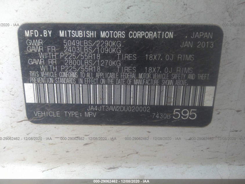 MITSUBISHI OUTLANDER JA4JT3AW2DU020002