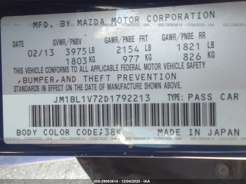 MAZDA MAZDA3 JM1BL1V72D1792213