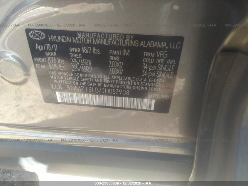 HYUNDAI SANTA FE SPORT 5NMZT3LB7JH057908