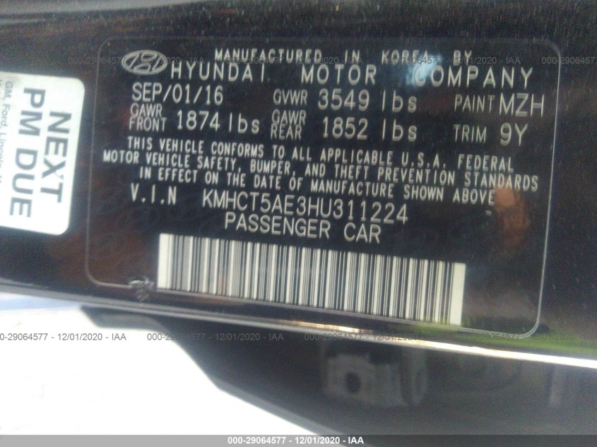 HYUNDAI ACCENT KMHCT5AE3HU311224